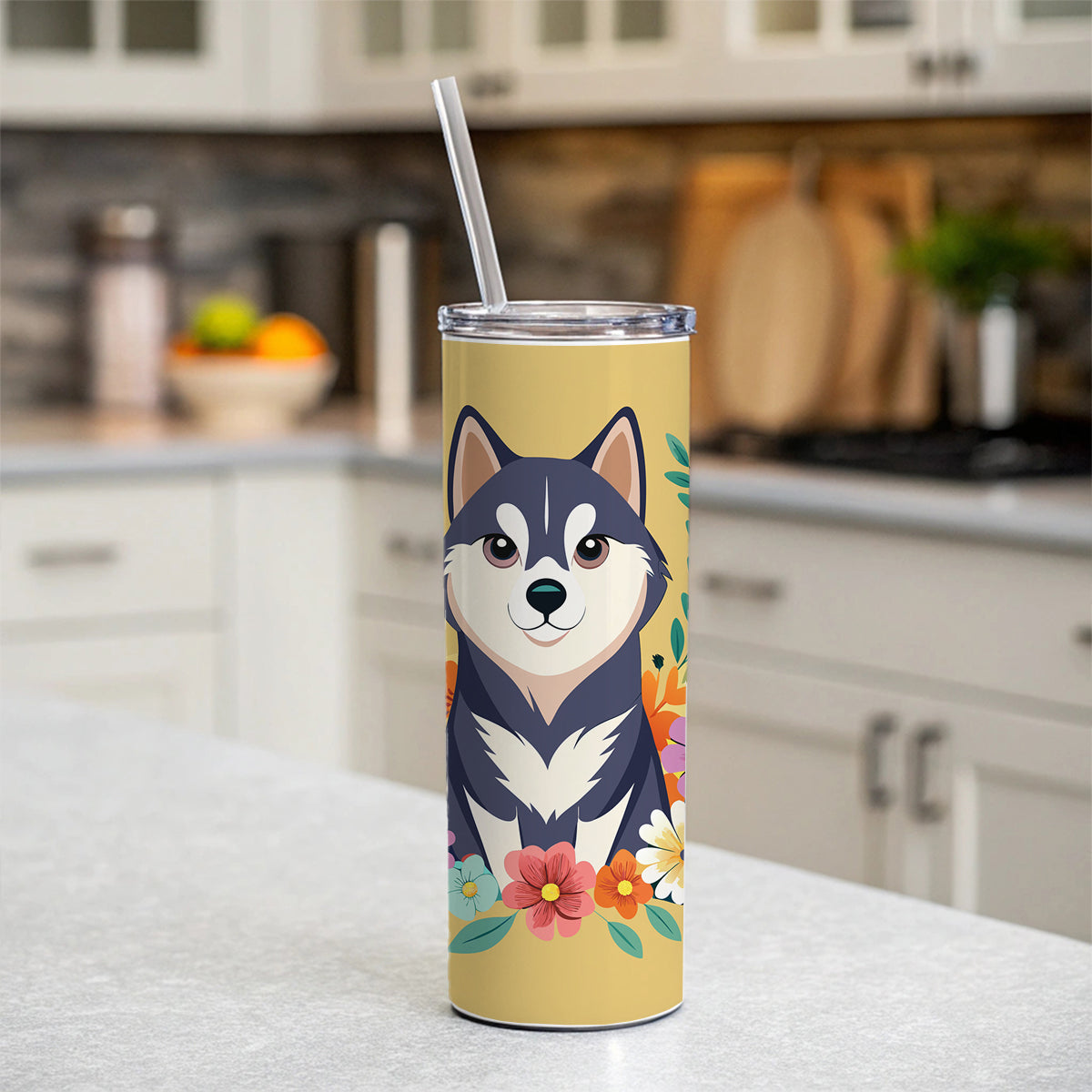 Alaskan Klee Kai Dog Floral Flowers Skinny Tumbler 20oz with Straw Insulated Water Bottle Gift
