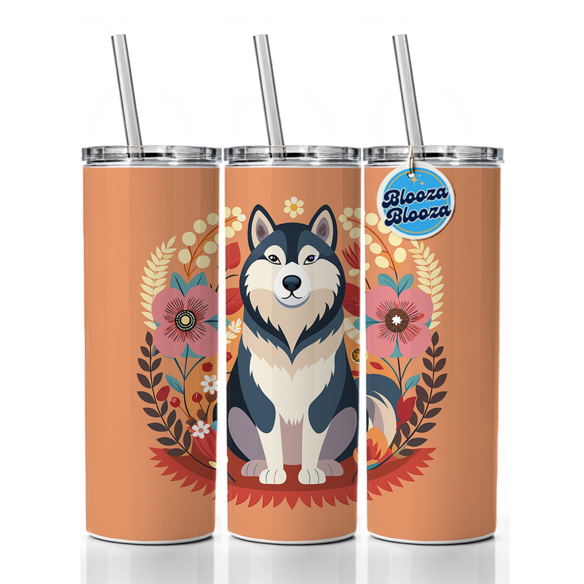 Alaskan Malamute Dog Floral Flowers Skinny Tumbler 20oz with Straw Insulated Water Bottle Gift