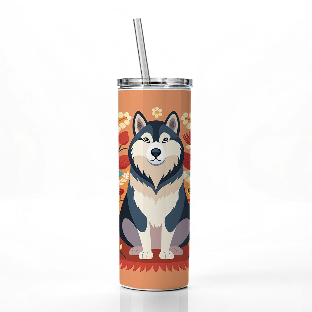 Alaskan Malamute Dog Floral Flowers Skinny Tumbler 20oz with Straw Insulated Water Bottle Gift