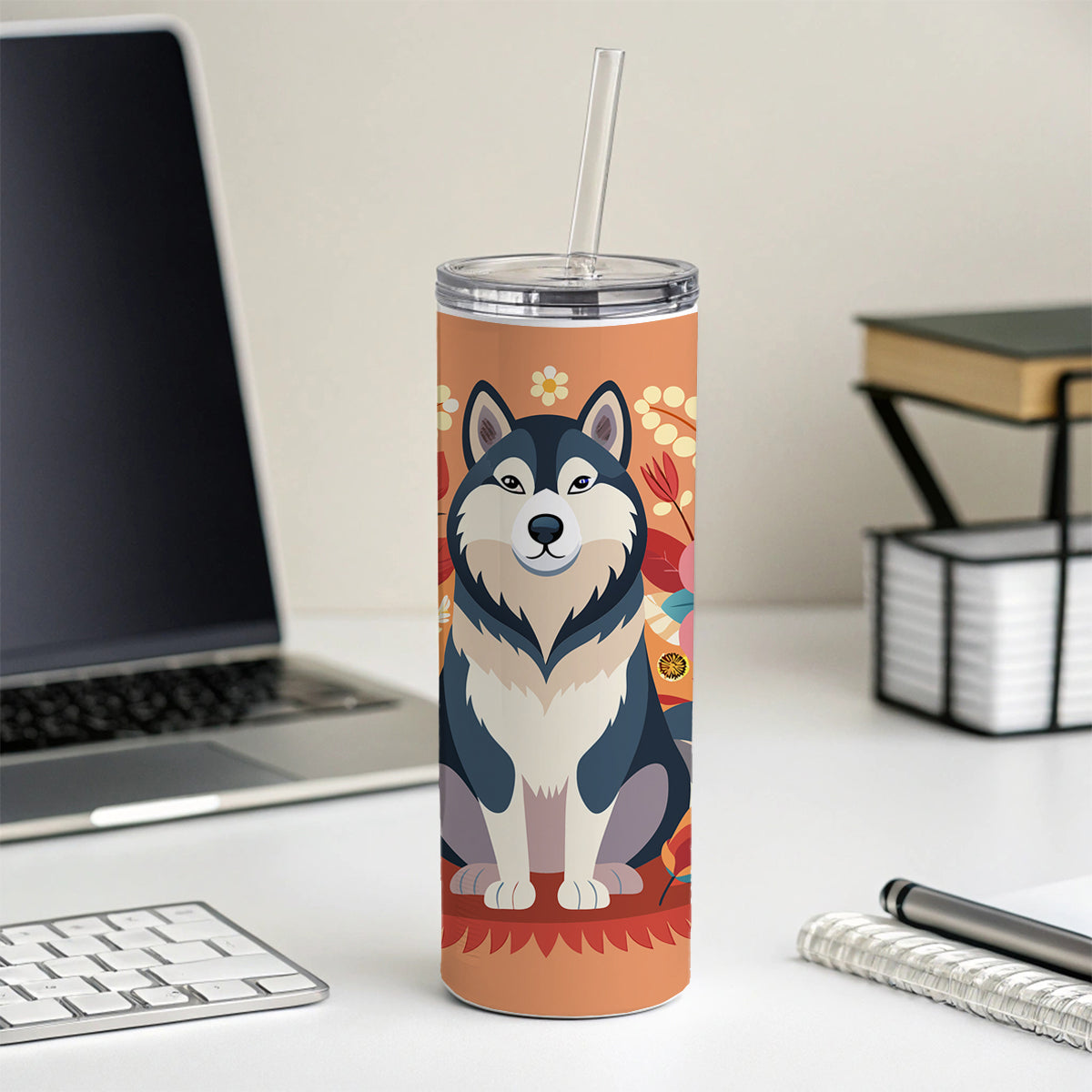 Alaskan Malamute Dog Floral Flowers Skinny Tumbler 20oz with Straw Insulated Water Bottle Gift