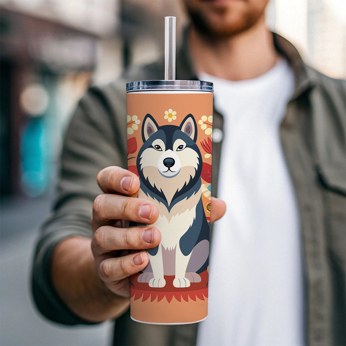 Alaskan Malamute Dog Floral Flowers Skinny Tumbler 20oz with Straw Insulated Water Bottle Gift