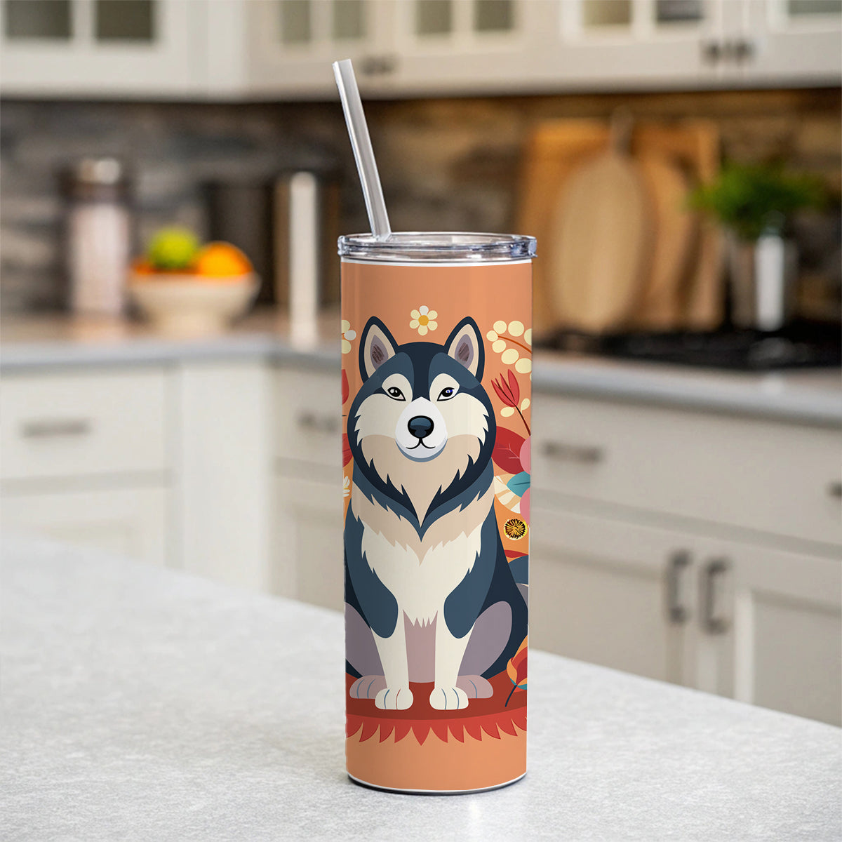 Alaskan Malamute Dog Floral Flowers Skinny Tumbler 20oz with Straw Insulated Water Bottle Gift