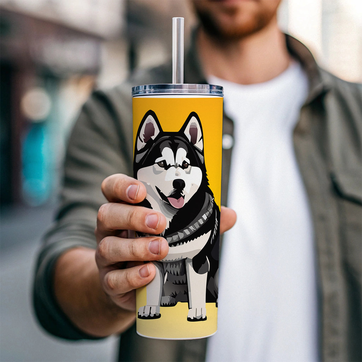 Alaskan Malamute Dog Sitting Skinny Tumbler 20oz with Straw Insulated Water Bottle Gift
