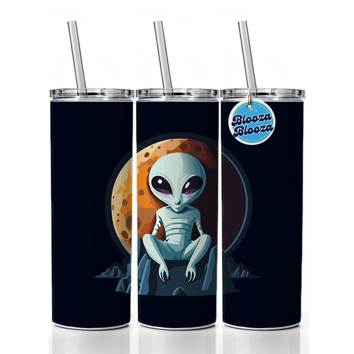 Alien Sitting Moon Planet Space Skinny Tumbler 20oz with Straw Insulated Water Bottle Gift