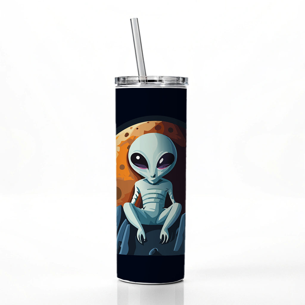 Alien Sitting Moon Planet Space Skinny Tumbler 20oz with Straw Insulated Water Bottle Gift