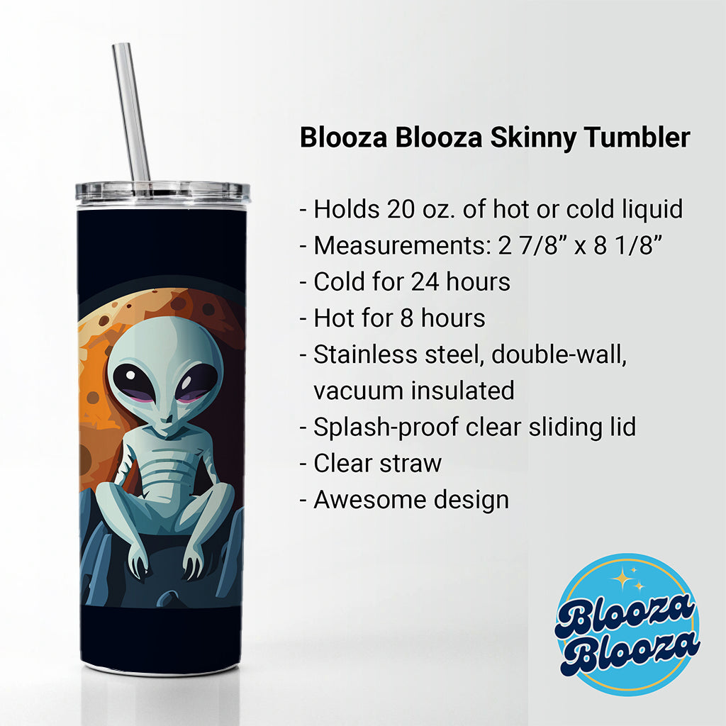 Alien Sitting Moon Planet Space Skinny Tumbler 20oz with Straw Insulated Water Bottle Gift