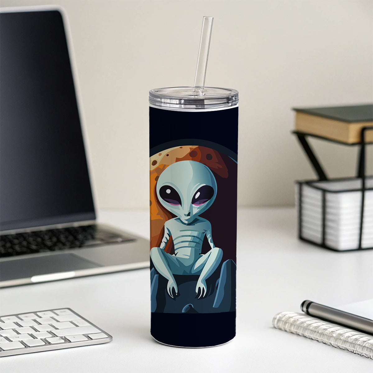 Alien Sitting Moon Planet Space Skinny Tumbler 20oz with Straw Insulated Water Bottle Gift