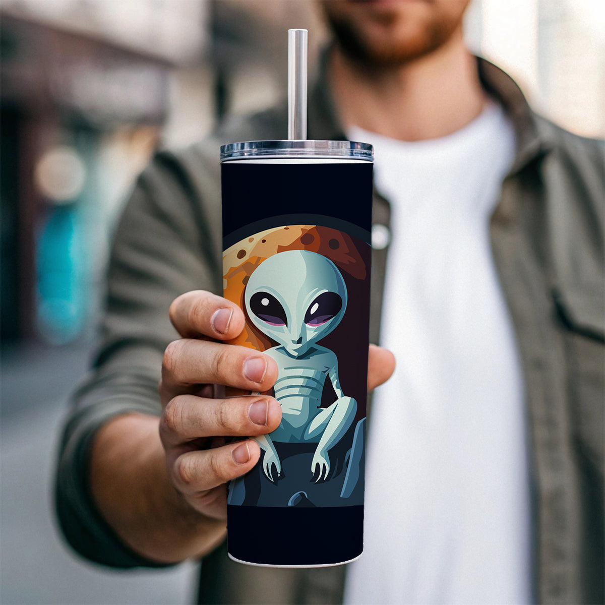 Alien Sitting Moon Planet Space Skinny Tumbler 20oz with Straw Insulated Water Bottle Gift
