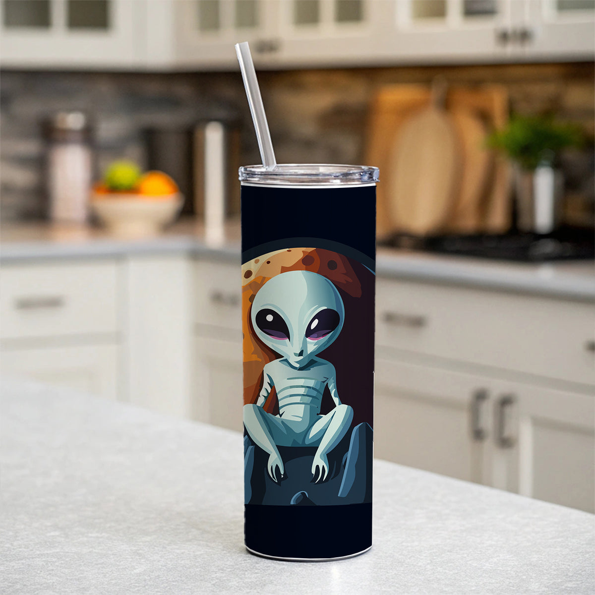 Alien Sitting Moon Planet Space Skinny Tumbler 20oz with Straw Insulated Water Bottle Gift