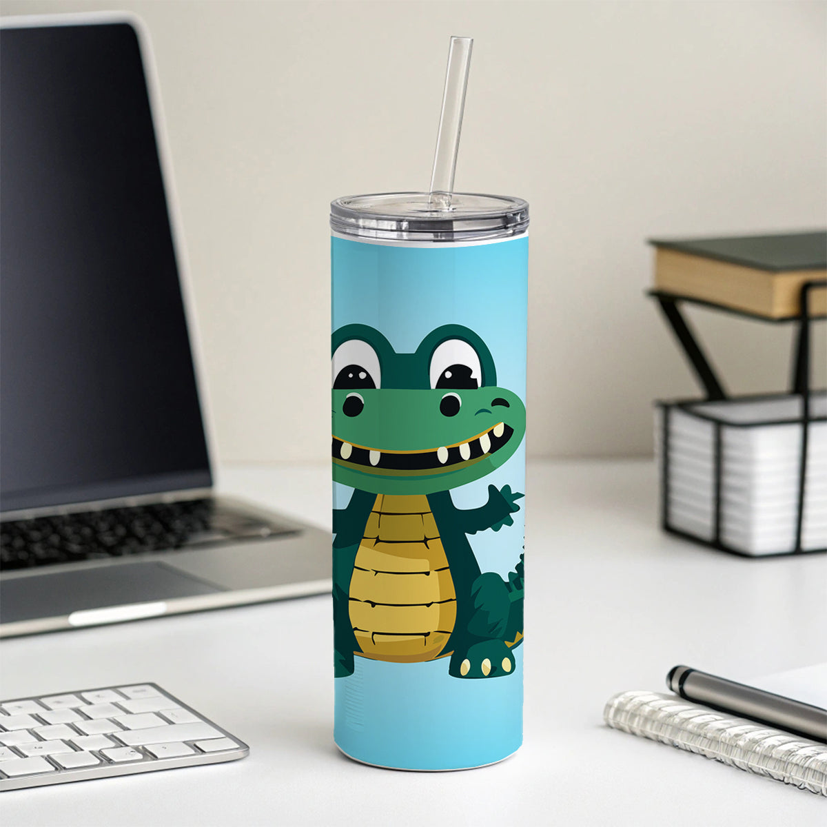 Alligator Crocodile Happy Skinny Tumbler 20oz with Straw Insulated Water Bottle Gift