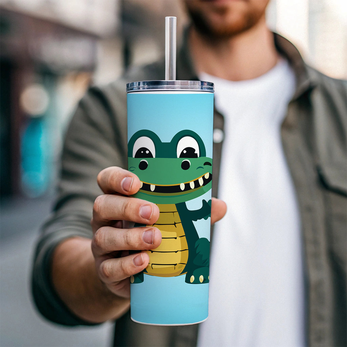 Alligator Crocodile Happy Skinny Tumbler 20oz with Straw Insulated Water Bottle Gift
