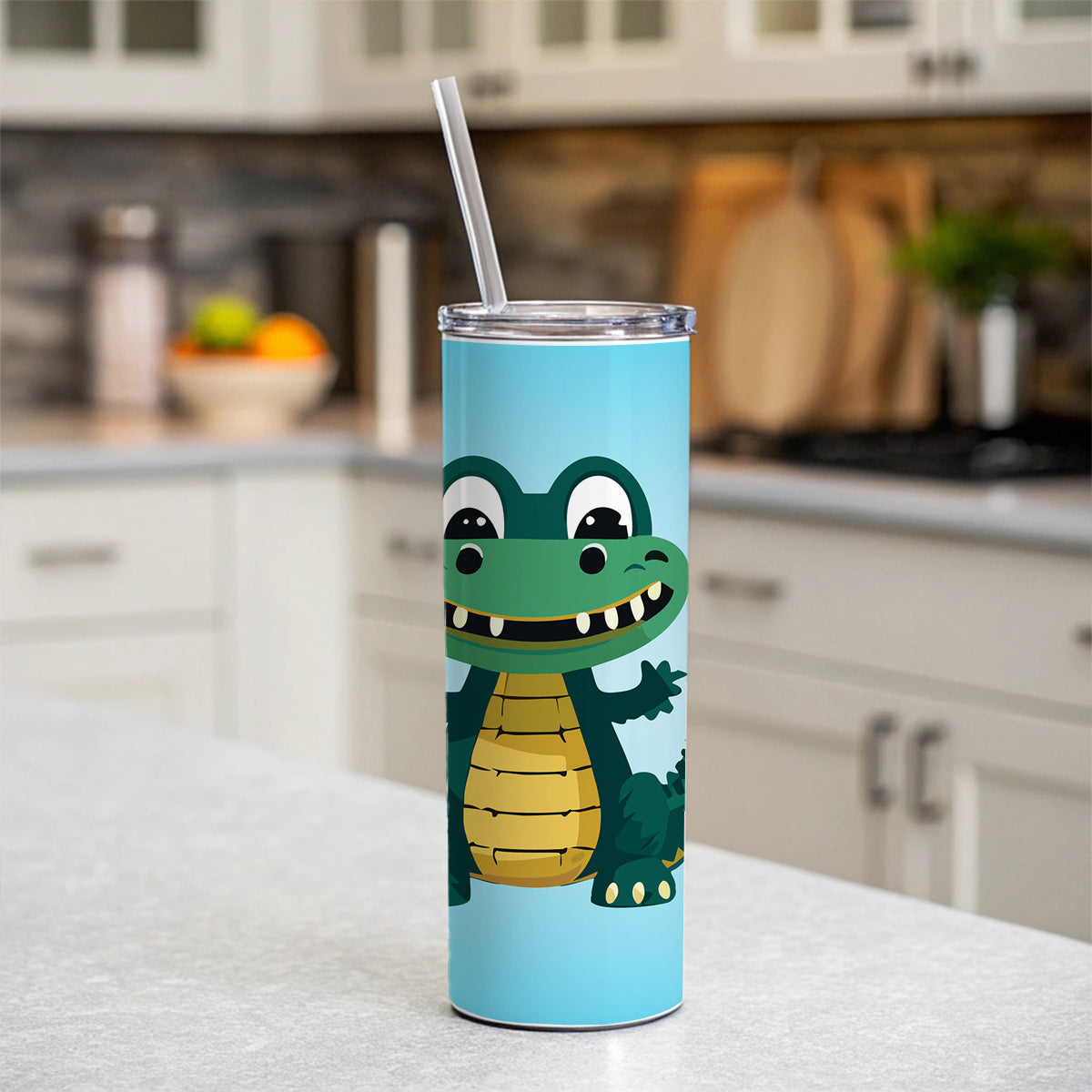 Alligator Crocodile Happy Skinny Tumbler 20oz with Straw Insulated Water Bottle Gift