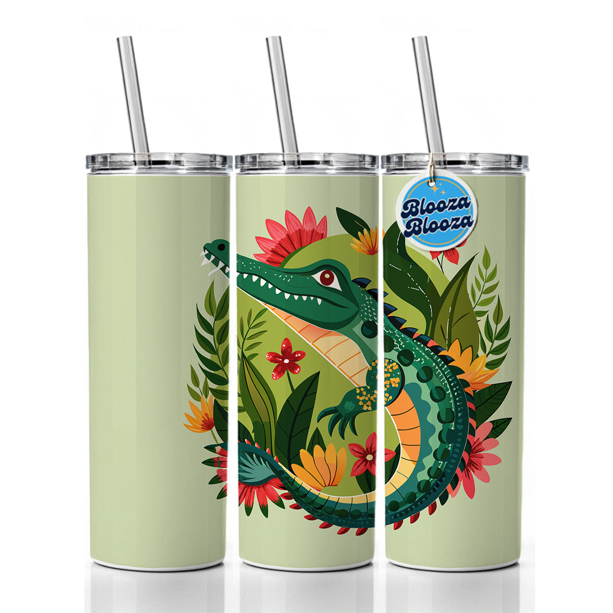 Alligator Floral Flowers Skinny Tumbler 20oz with Straw Insulated Water Bottle Gift