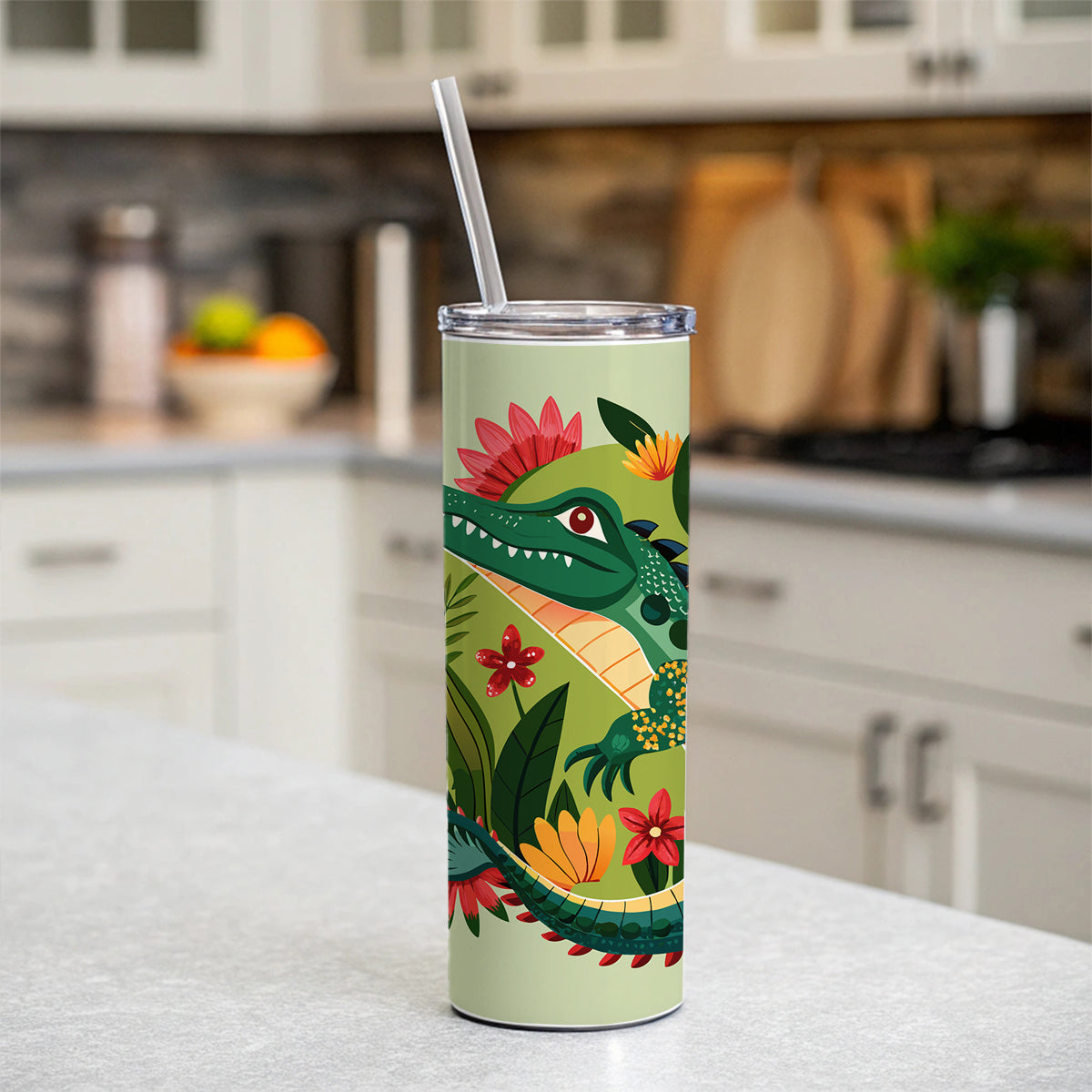 Alligator Floral Flowers Skinny Tumbler 20oz with Straw Insulated Water Bottle Gift