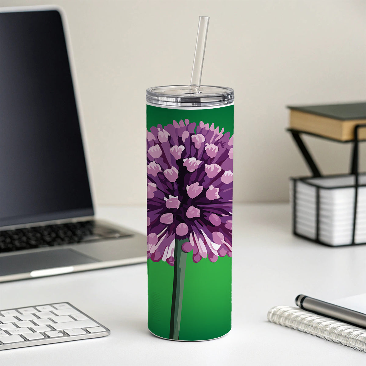 Allium Flower Purple Watercolor Skinny Tumbler 20oz with Straw Insulated Water Bottle Gift