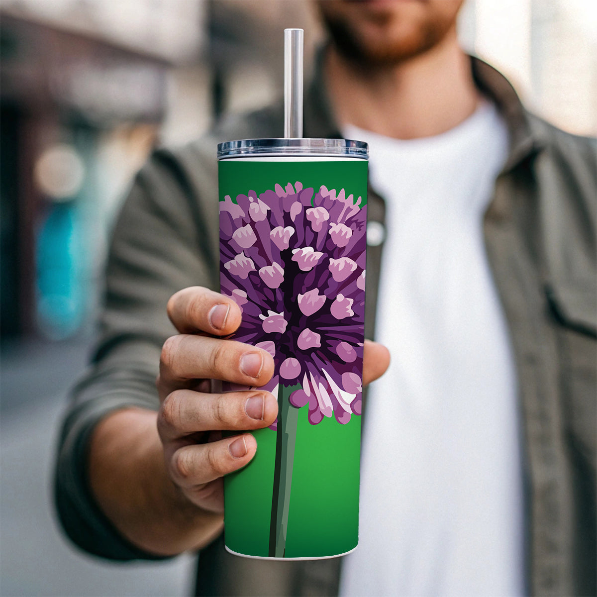 Allium Flower Purple Watercolor Skinny Tumbler 20oz with Straw Insulated Water Bottle Gift