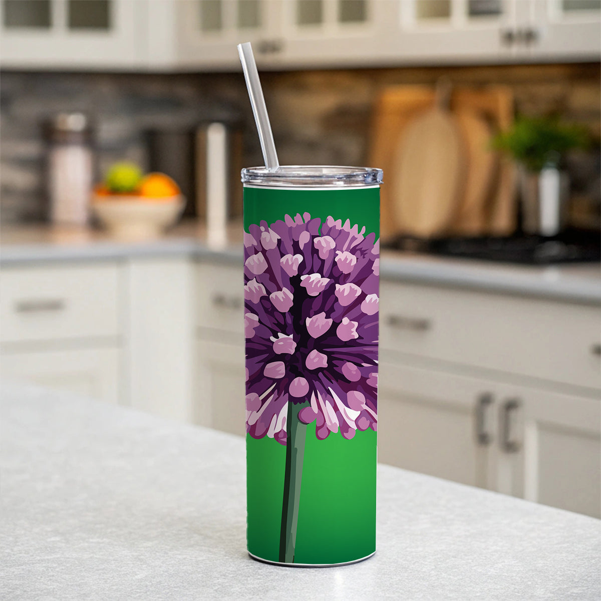 Allium Flower Purple Watercolor Skinny Tumbler 20oz with Straw Insulated Water Bottle Gift