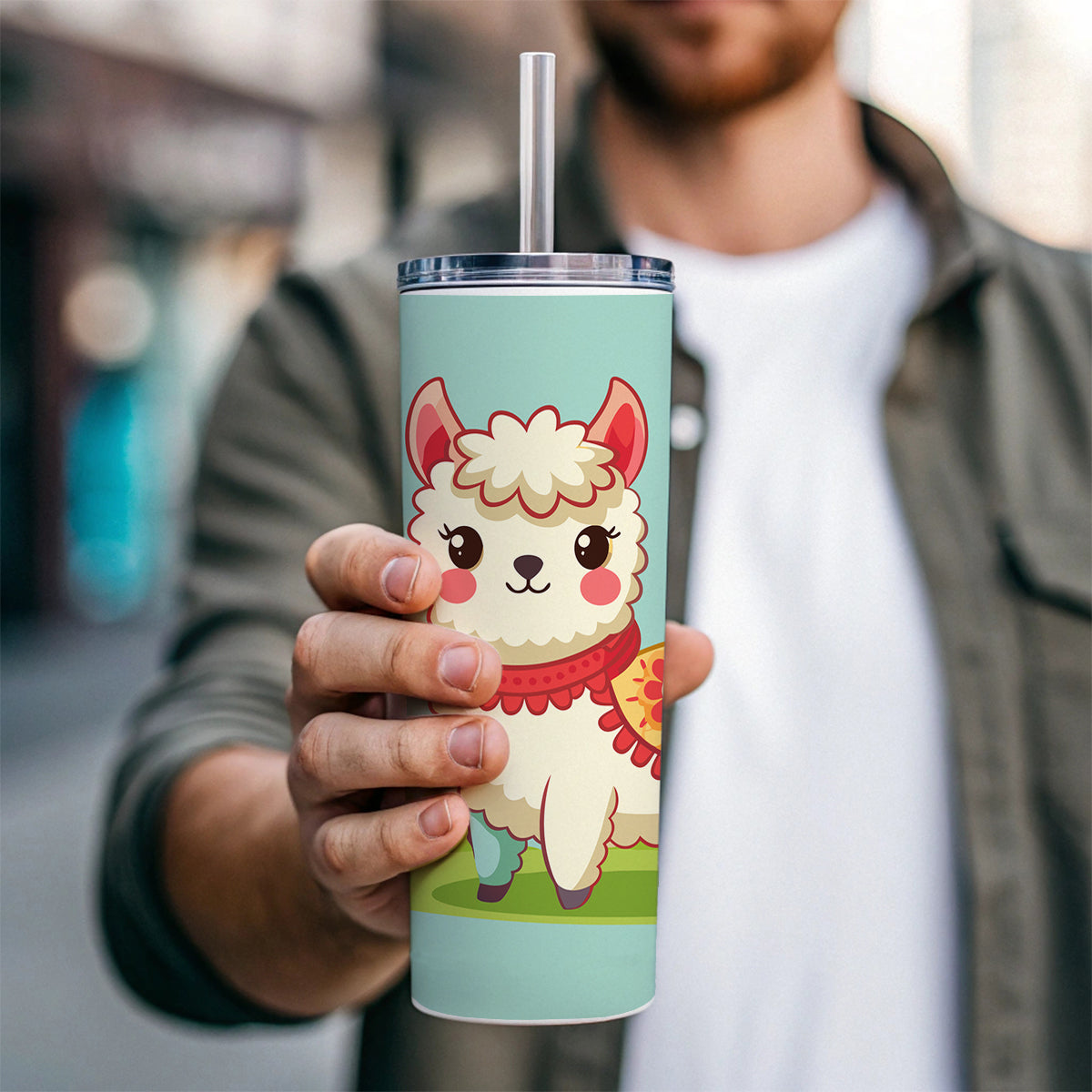 Alpaca Cute Skinny Tumbler 20oz with Straw Insulated Water Bottle Gift