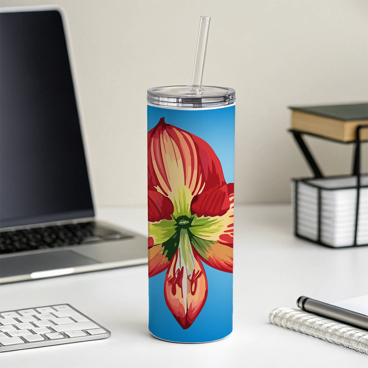 Amaryllis Flower Christmas Skinny Tumbler 20oz with Straw Insulated Water Bottle Gift