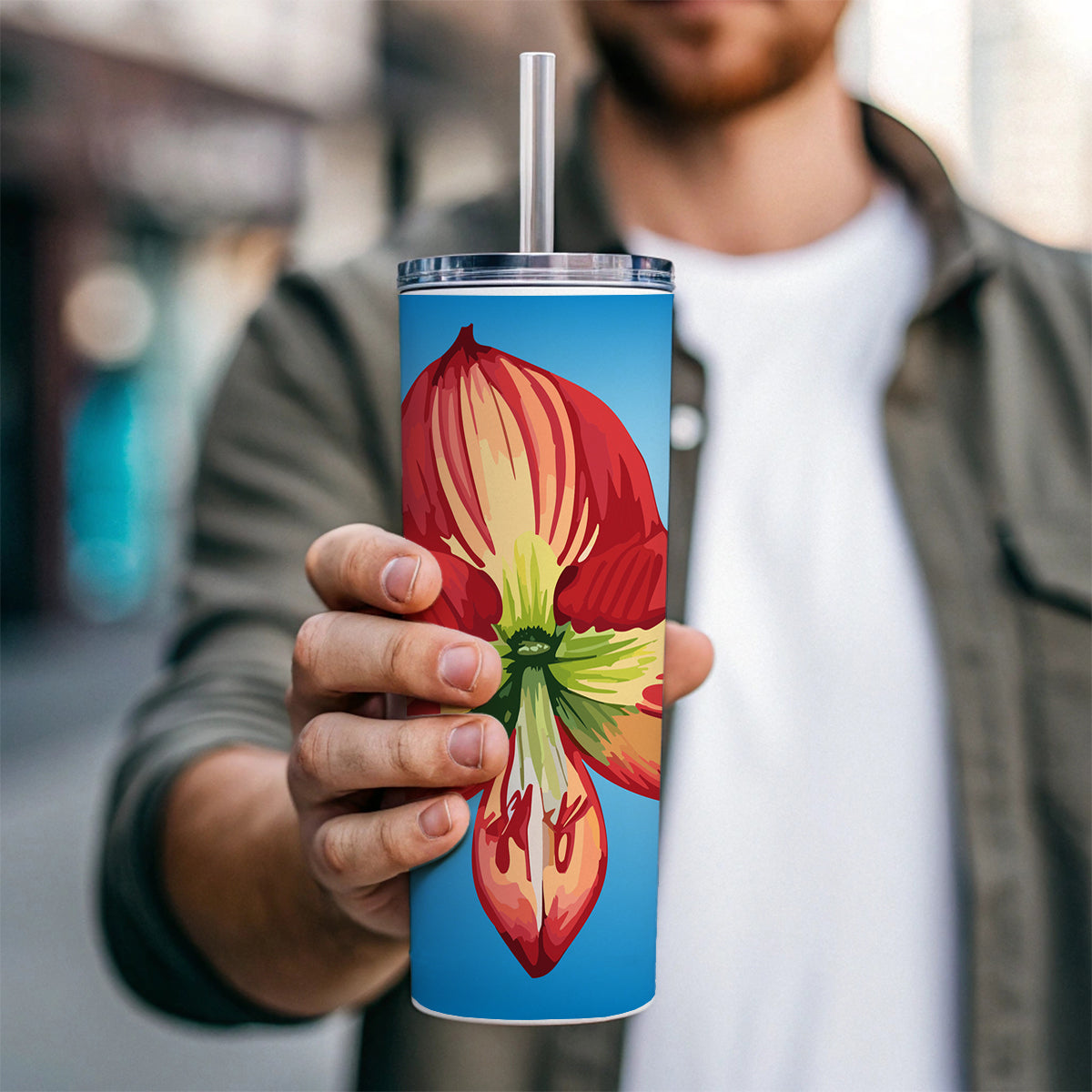Amaryllis Flower Christmas Skinny Tumbler 20oz with Straw Insulated Water Bottle Gift