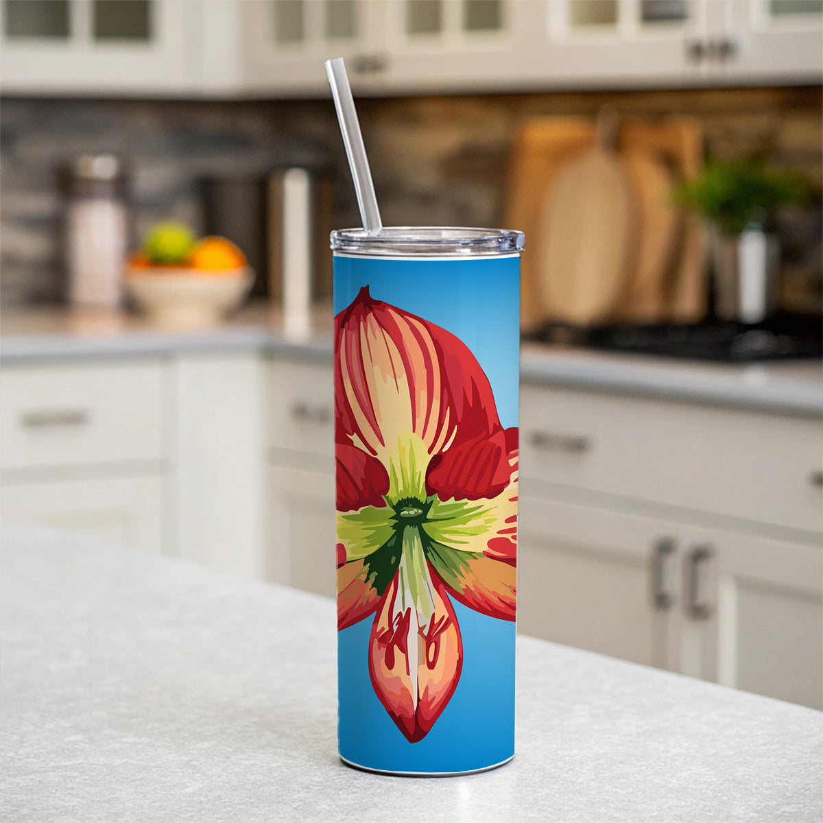 Amaryllis Flower Christmas Skinny Tumbler 20oz with Straw Insulated Water Bottle Gift