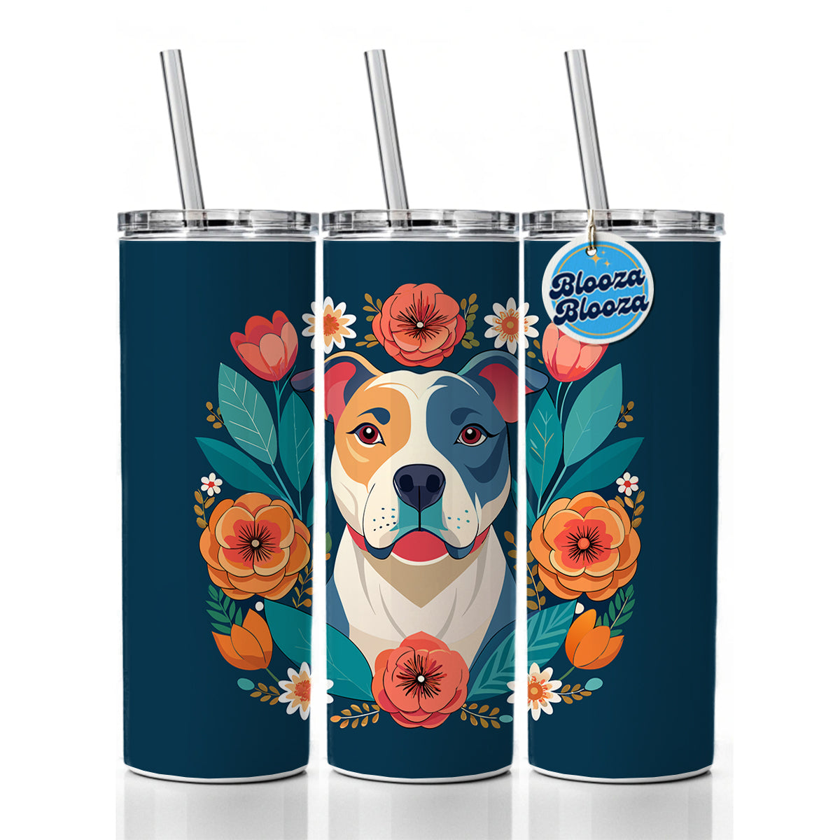 American Bulldog Dog Floral Flowers Skinny Tumbler 20oz with Straw Insulated Water Bottle Gift