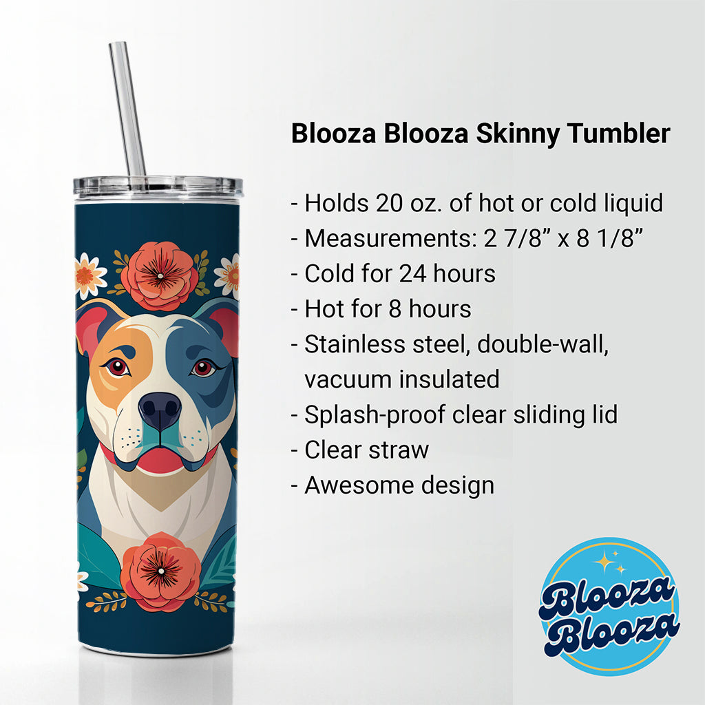 American Bulldog Dog Floral Flowers Skinny Tumbler 20oz with Straw Insulated Water Bottle Gift
