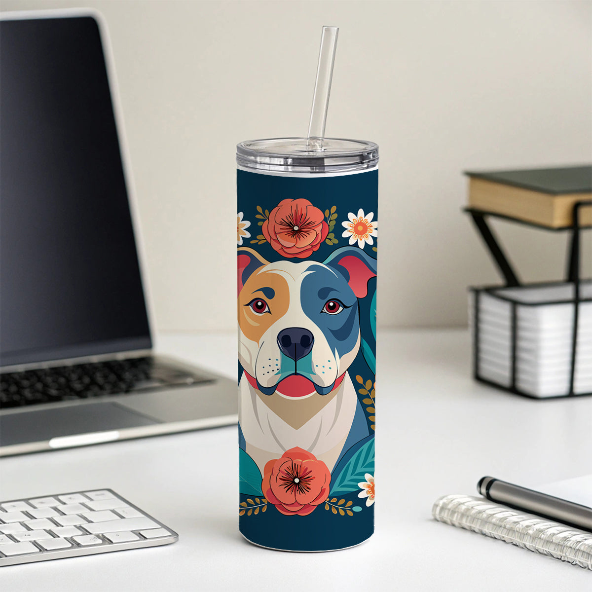 American Bulldog Dog Floral Flowers Skinny Tumbler 20oz with Straw Insulated Water Bottle Gift