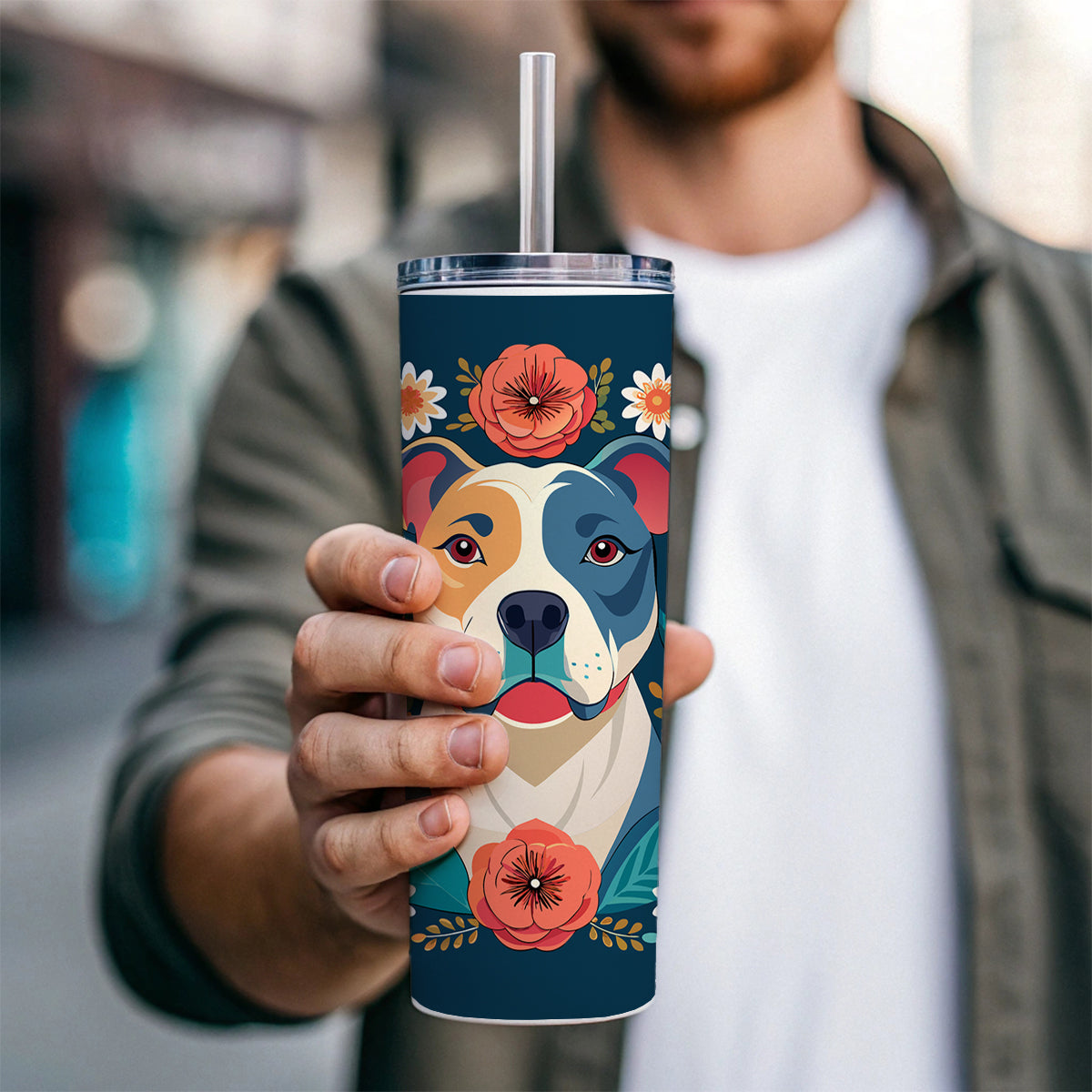 American Bulldog Dog Floral Flowers Skinny Tumbler 20oz with Straw Insulated Water Bottle Gift
