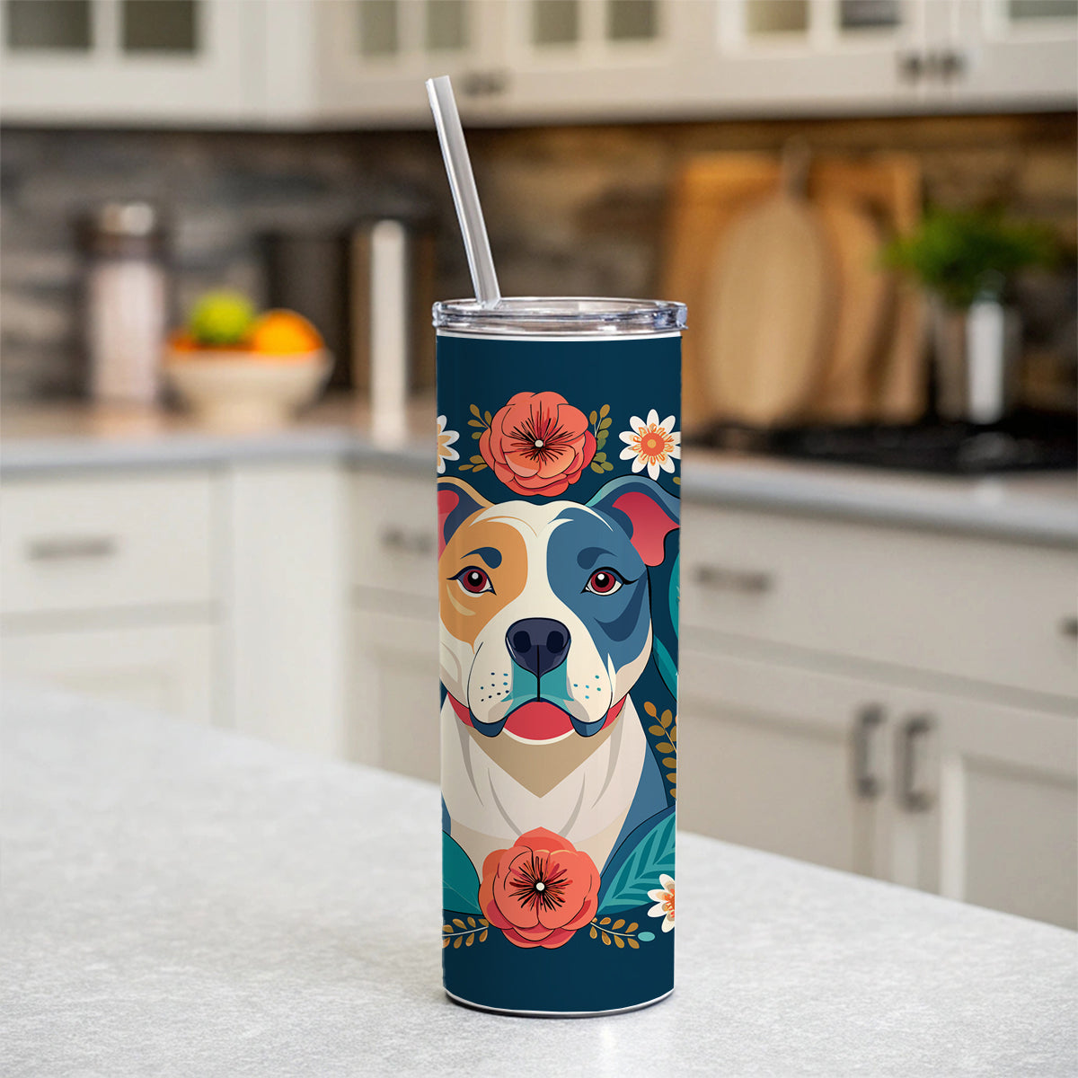American Bulldog Dog Floral Flowers Skinny Tumbler 20oz with Straw Insulated Water Bottle Gift