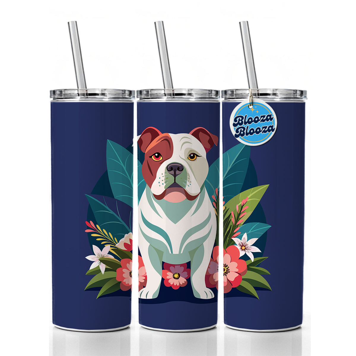 American Bulldog Floral Flowers Skinny Tumbler 20oz with Straw Insulated Water Bottle Gift