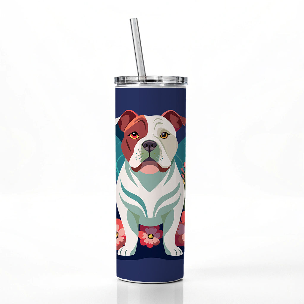 American Bulldog Floral Flowers Skinny Tumbler 20oz with Straw Insulated Water Bottle Gift
