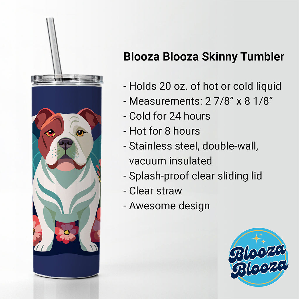 American Bulldog Floral Flowers Skinny Tumbler 20oz with Straw Insulated Water Bottle Gift