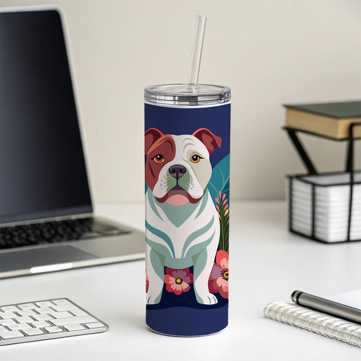 American Bulldog Floral Flowers Skinny Tumbler 20oz with Straw Insulated Water Bottle Gift