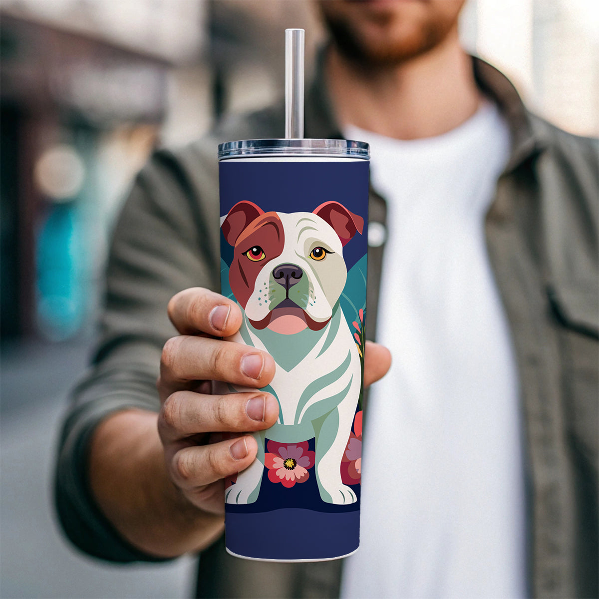 American Bulldog Floral Flowers Skinny Tumbler 20oz with Straw Insulated Water Bottle Gift