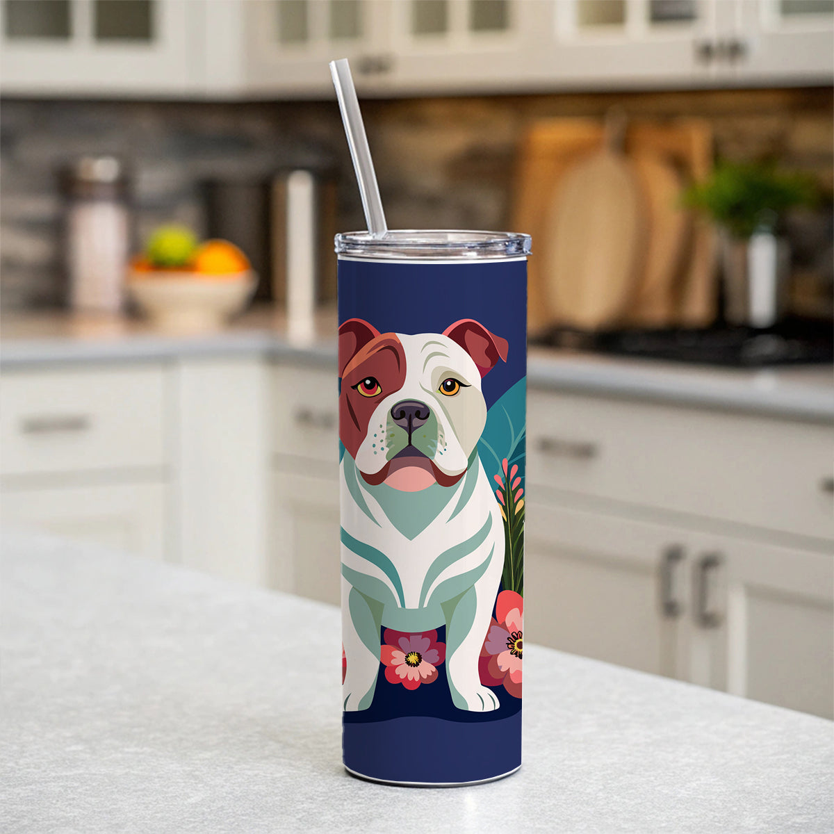 American Bulldog Floral Flowers Skinny Tumbler 20oz with Straw Insulated Water Bottle Gift