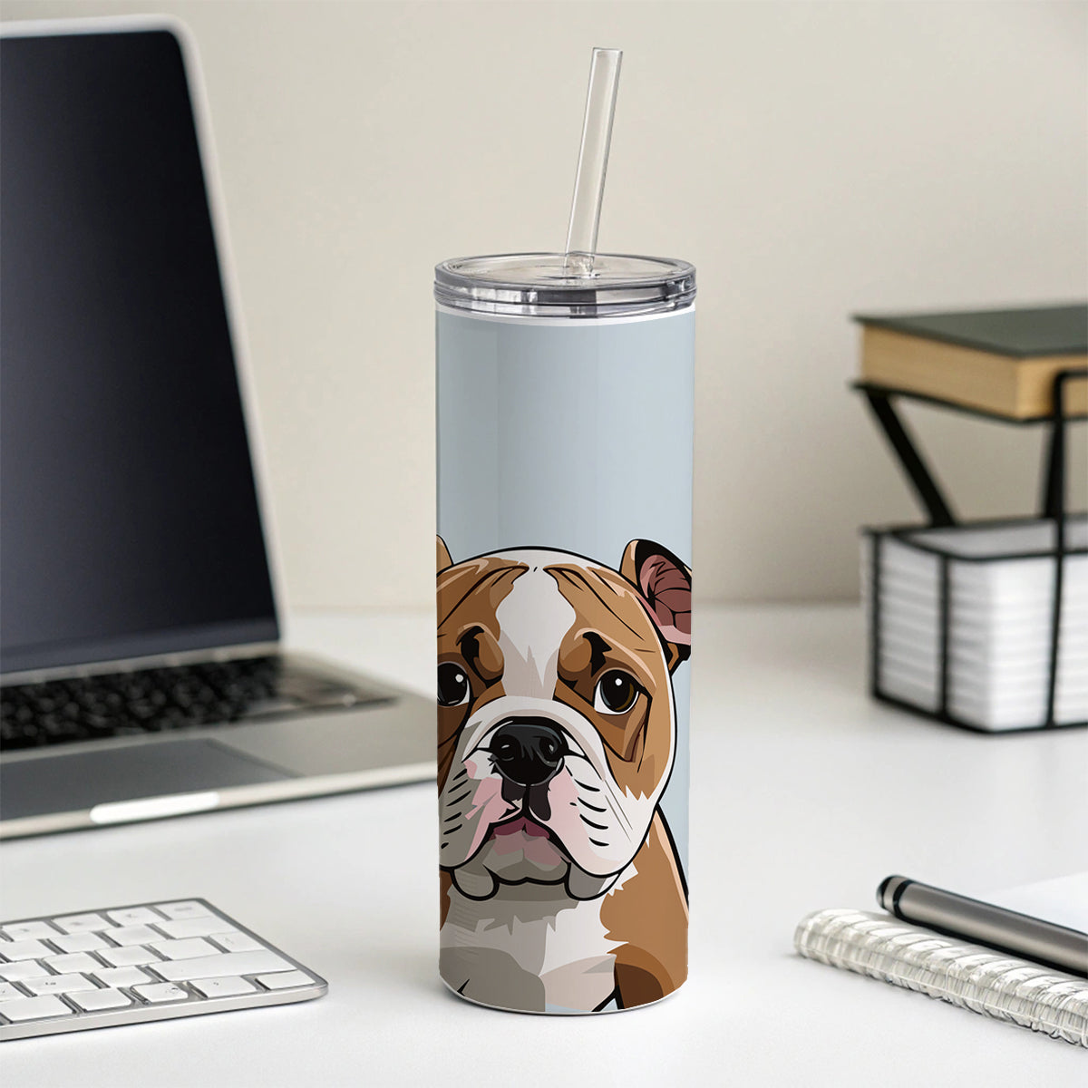 American Bulldog Staring Skinny Tumbler 20oz with Straw Insulated Water Bottle Gift