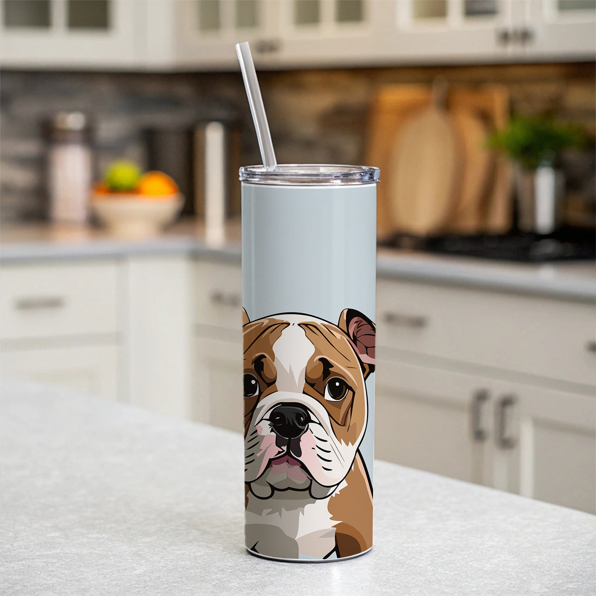 American Bulldog Staring Skinny Tumbler 20oz with Straw Insulated Water Bottle Gift