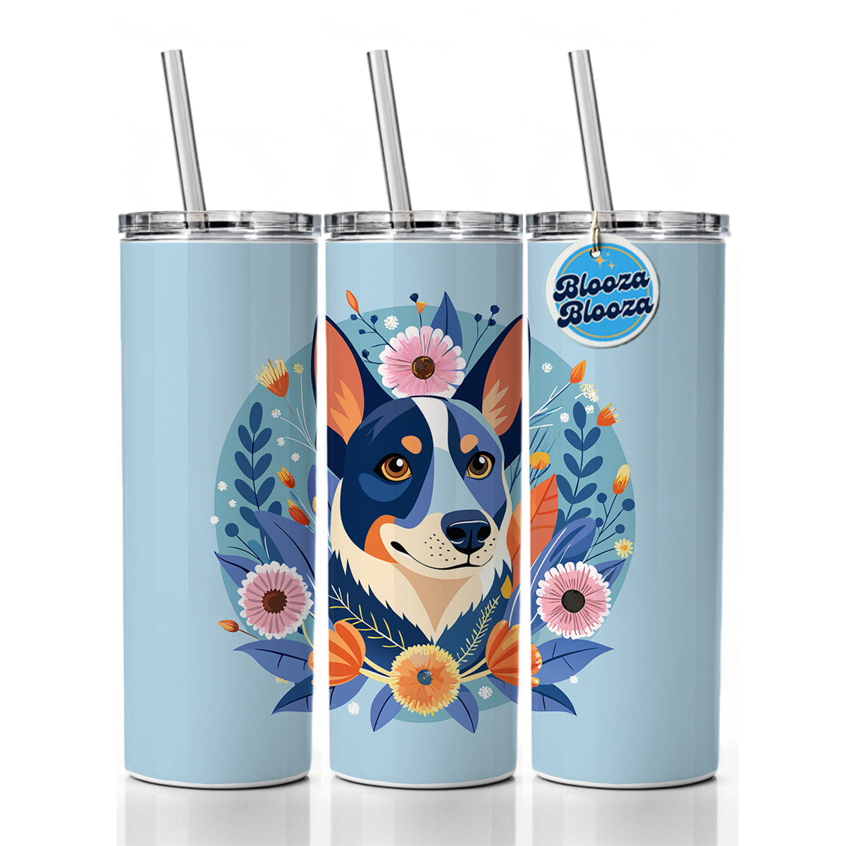 American Cattle Dog Floral Flowers Skinny Tumbler 20oz with Straw Insulated Water Bottle Gift