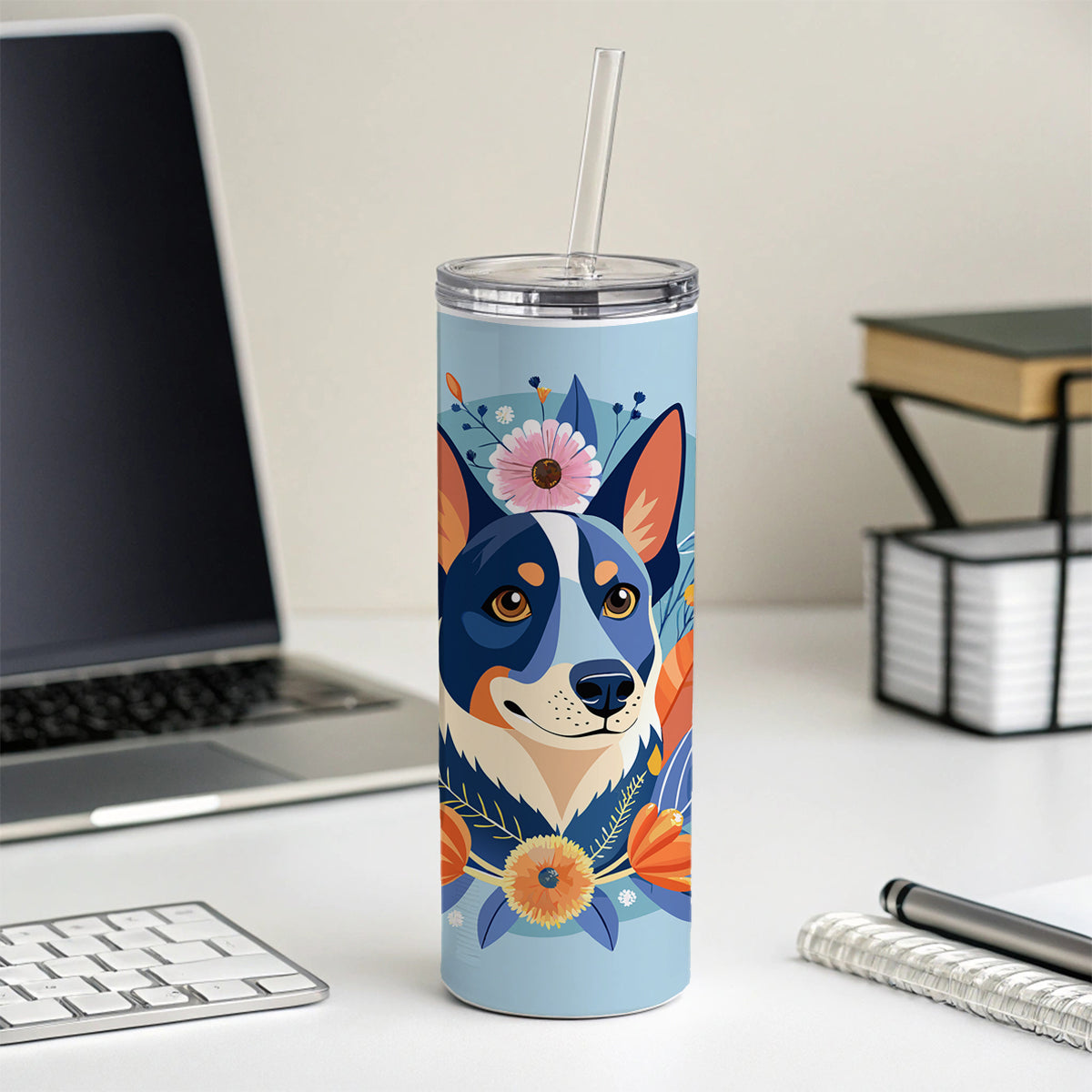 American Cattle Dog Floral Flowers Skinny Tumbler 20oz with Straw Insulated Water Bottle Gift