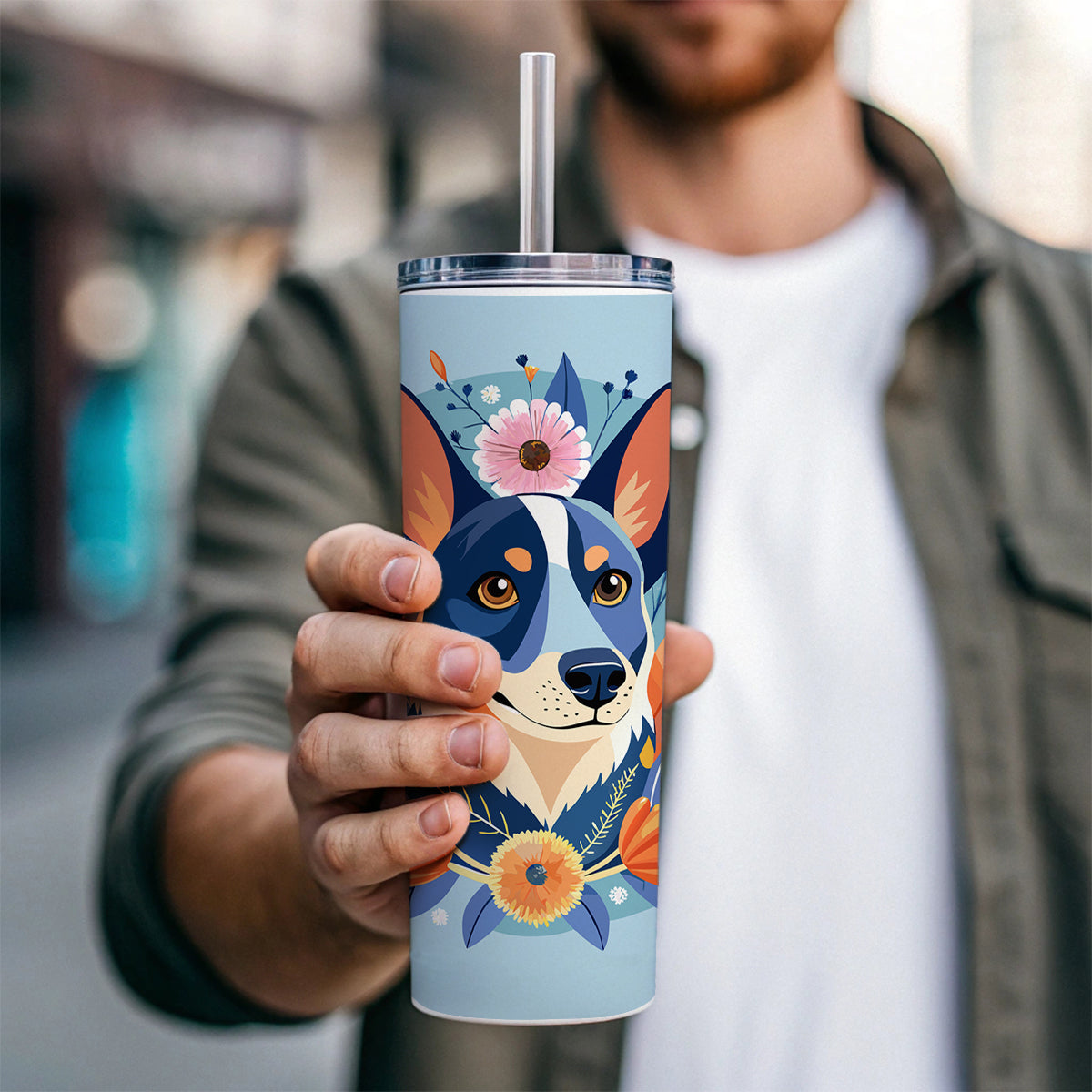 American Cattle Dog Floral Flowers Skinny Tumbler 20oz with Straw Insulated Water Bottle Gift