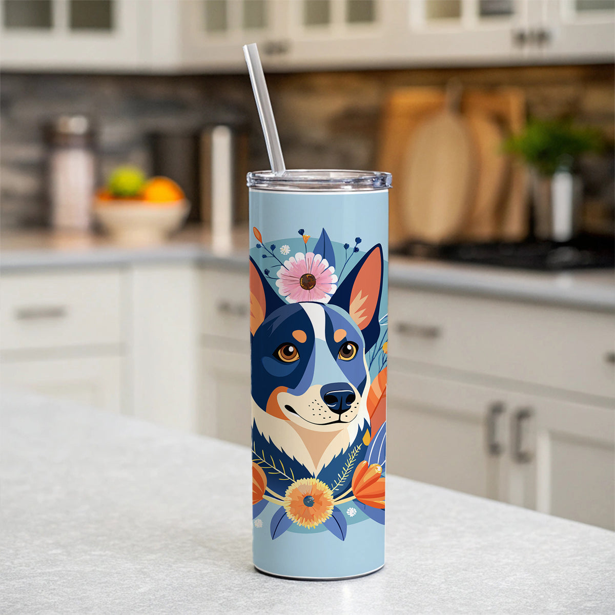 American Cattle Dog Floral Flowers Skinny Tumbler 20oz with Straw Insulated Water Bottle Gift