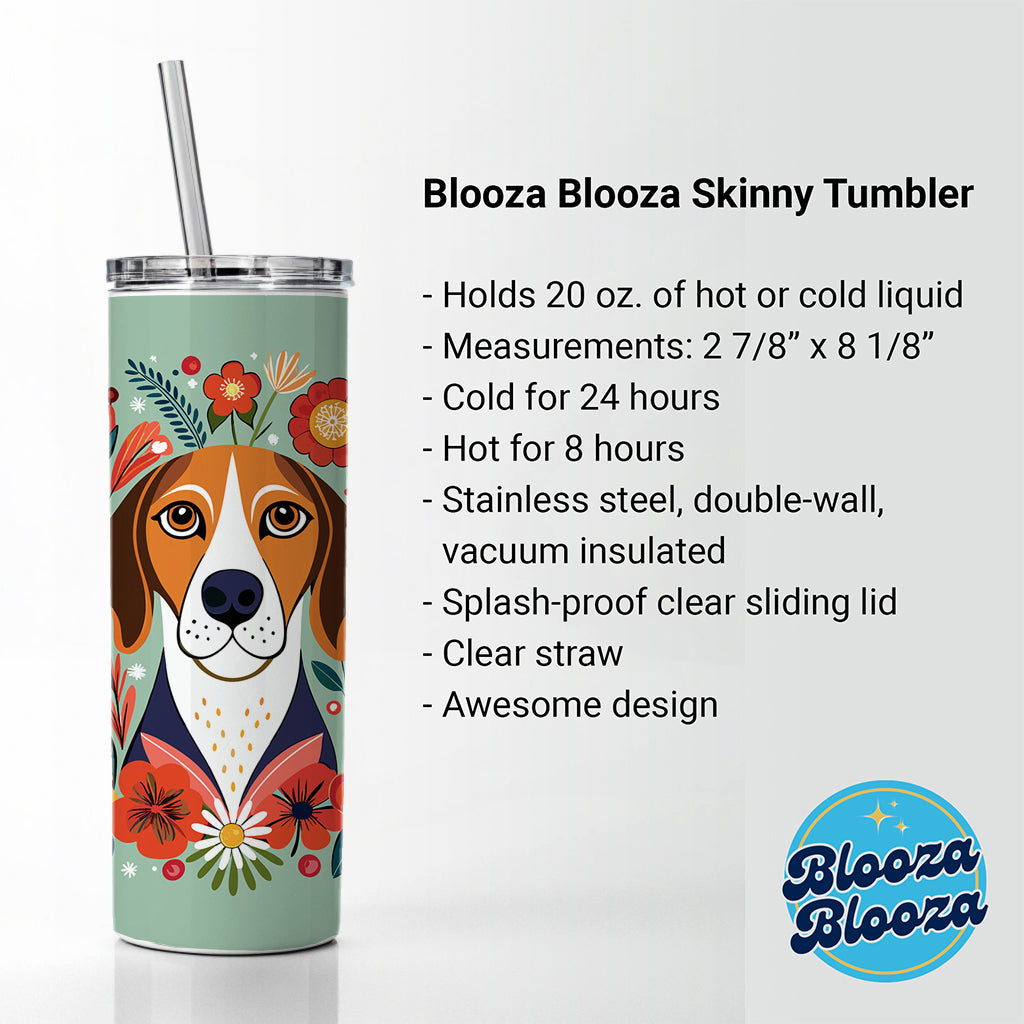 American English Coonhound Dog Floral Flowers Skinny Tumbler 20oz with Straw Insulated Water Bottle Gift