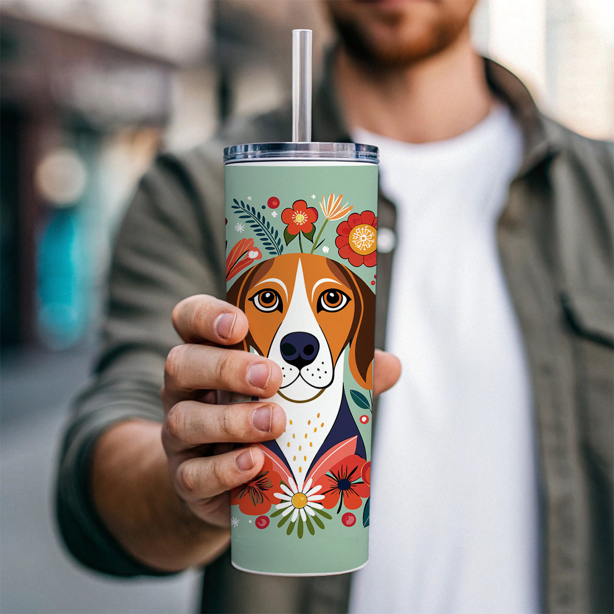 American English Coonhound Dog Floral Flowers Skinny Tumbler 20oz with Straw Insulated Water Bottle Gift