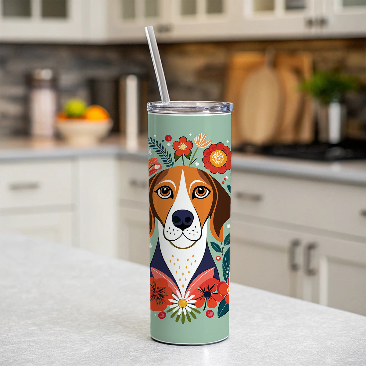 American English Coonhound Dog Floral Flowers Skinny Tumbler 20oz with Straw Insulated Water Bottle Gift