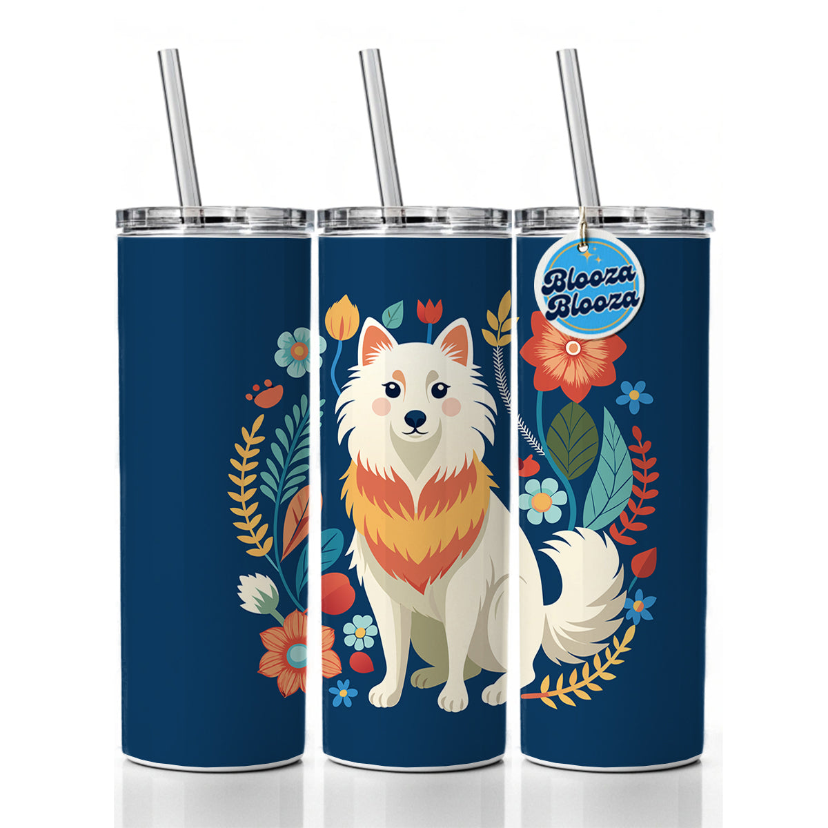 American Eskimo Dog Floral Flowers Skinny Tumbler 20oz with Straw Insulated Water Bottle Gift