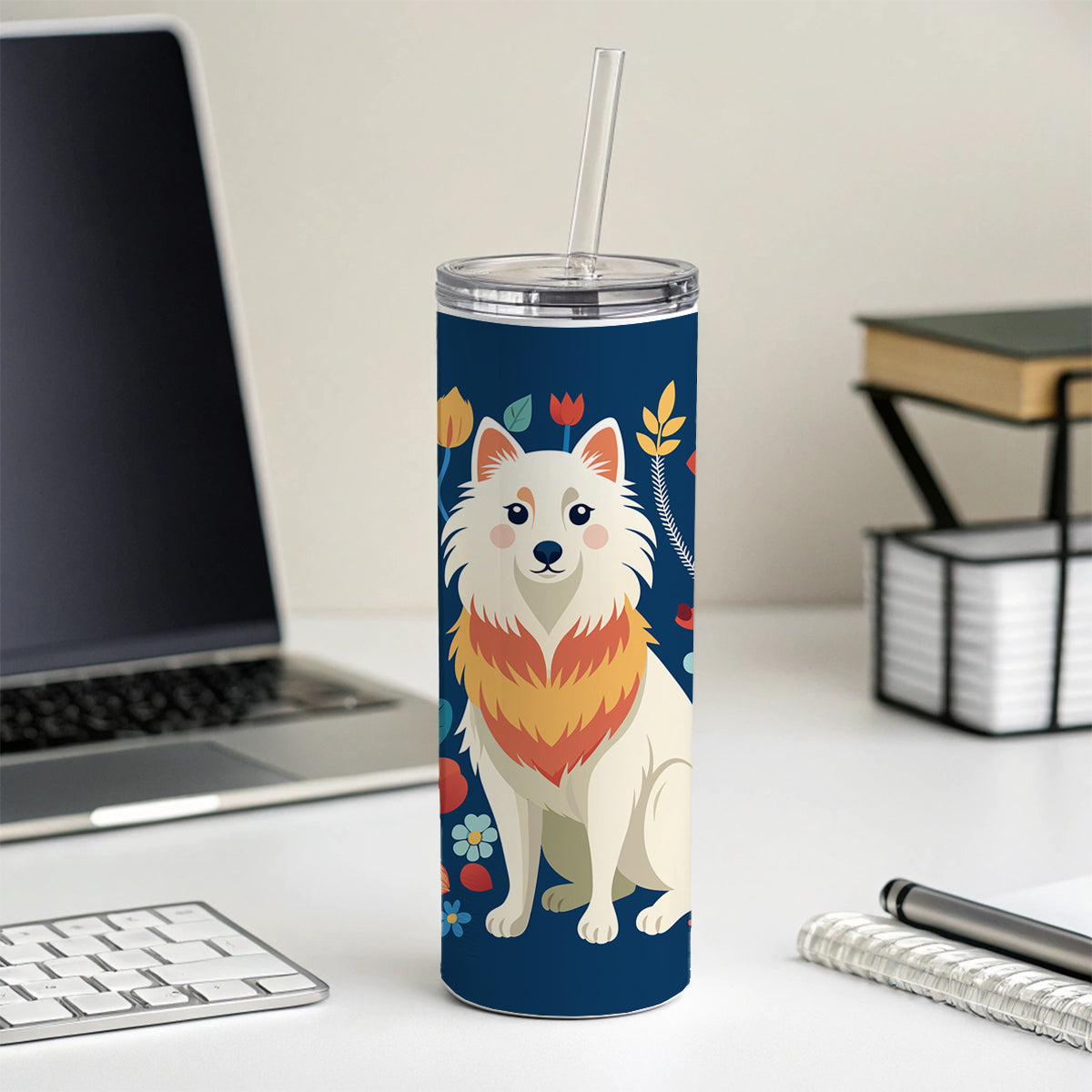 American Eskimo Dog Floral Flowers Skinny Tumbler 20oz with Straw Insulated Water Bottle Gift