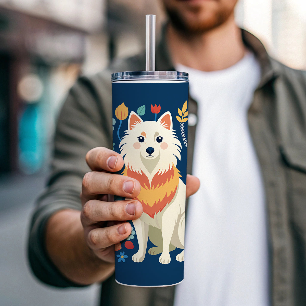 American Eskimo Dog Floral Flowers Skinny Tumbler 20oz with Straw Insulated Water Bottle Gift