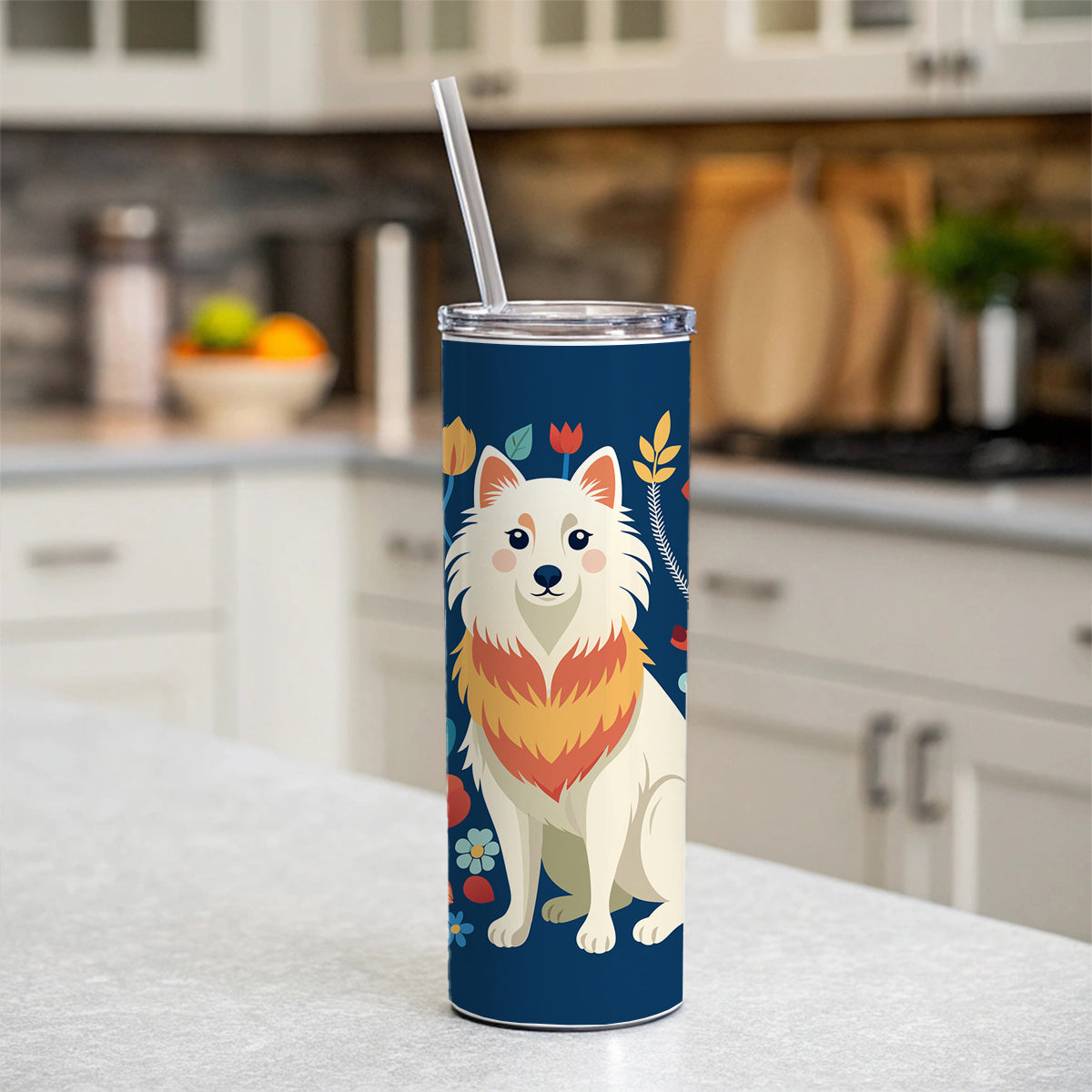 American Eskimo Dog Floral Flowers Skinny Tumbler 20oz with Straw Insulated Water Bottle Gift