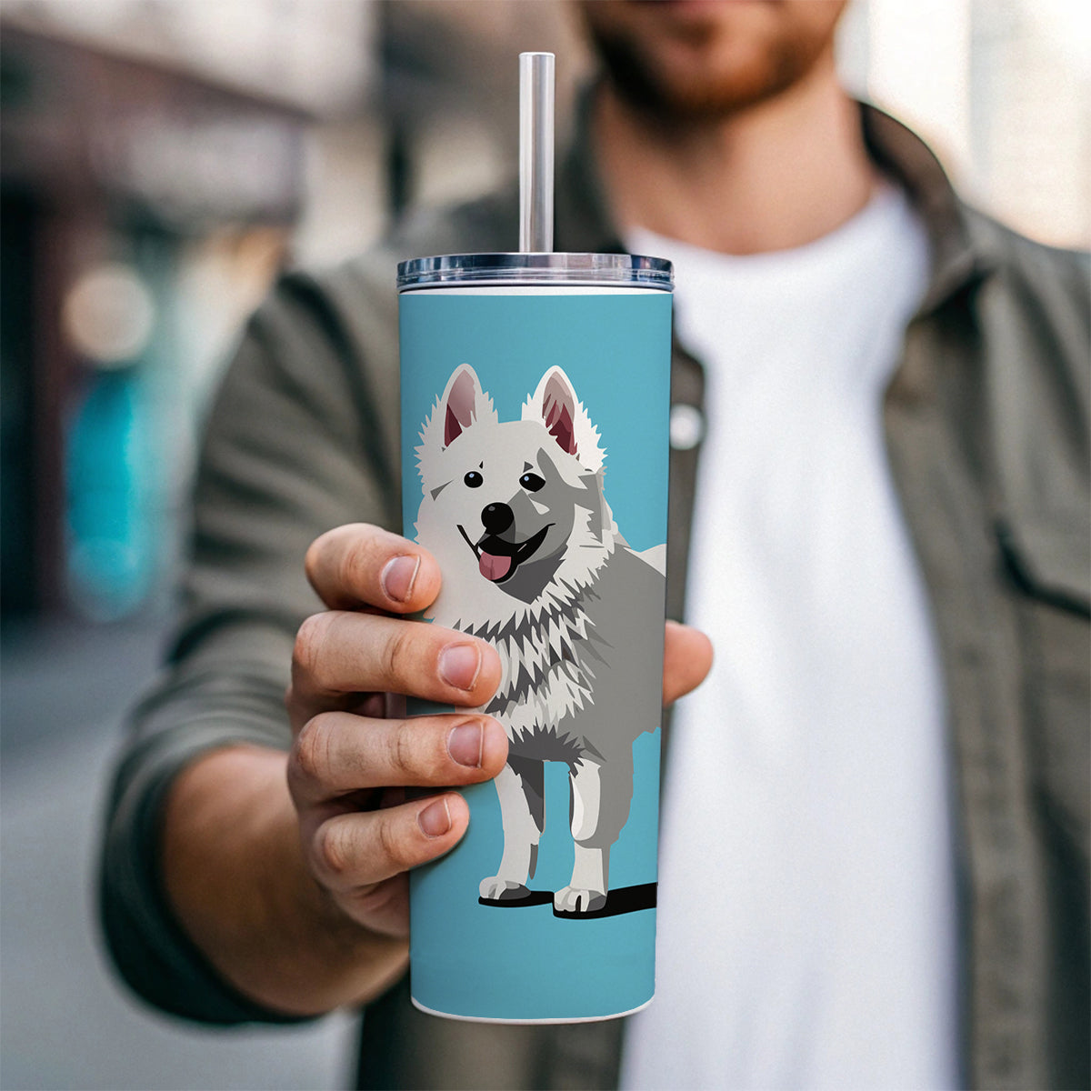 American Eskimo Dog Standing Skinny Tumbler 20oz with Straw Insulated Water Bottle Gift